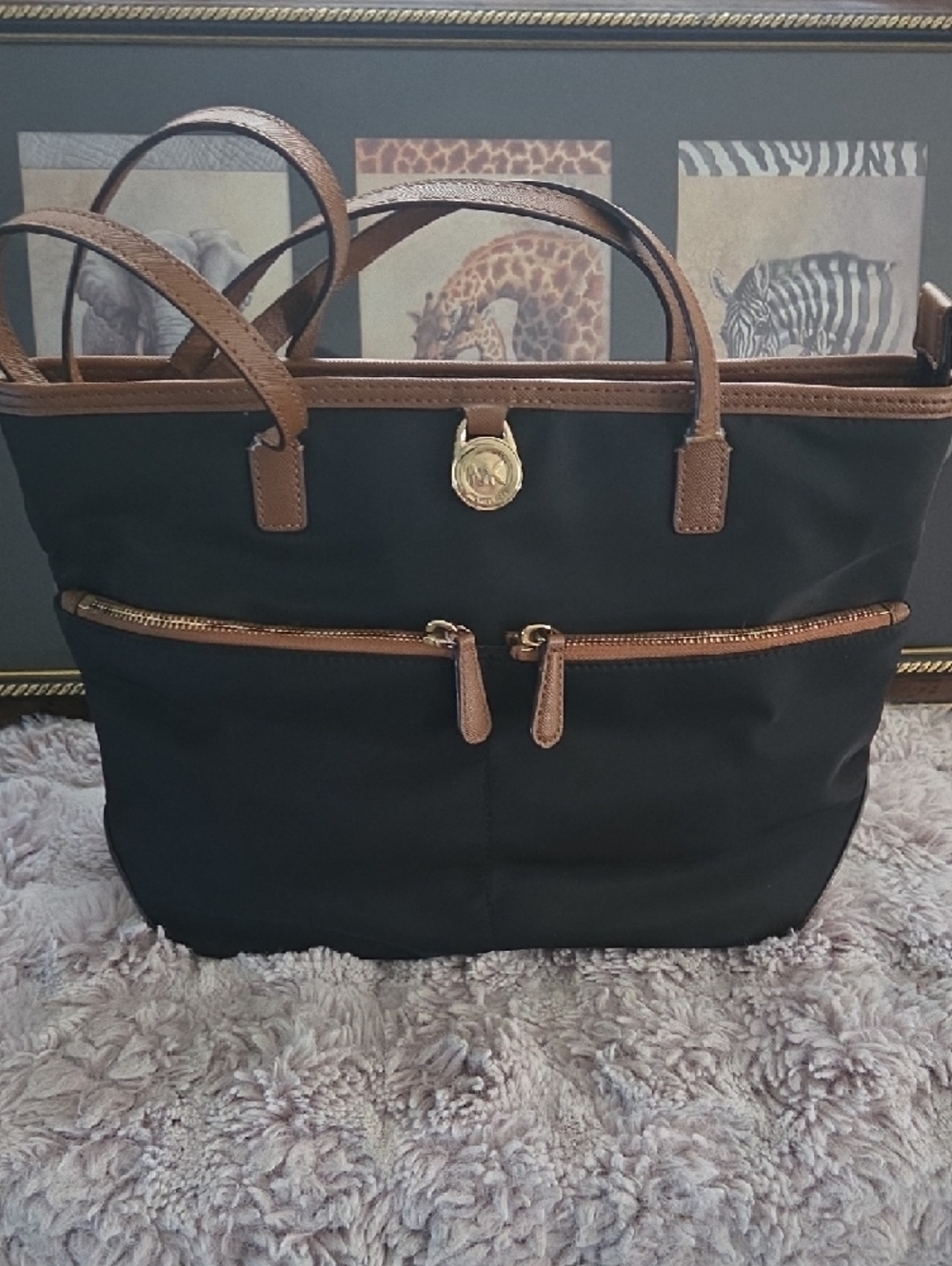 Michael Kors Black Tote with Brown Trim and Gold Hardware